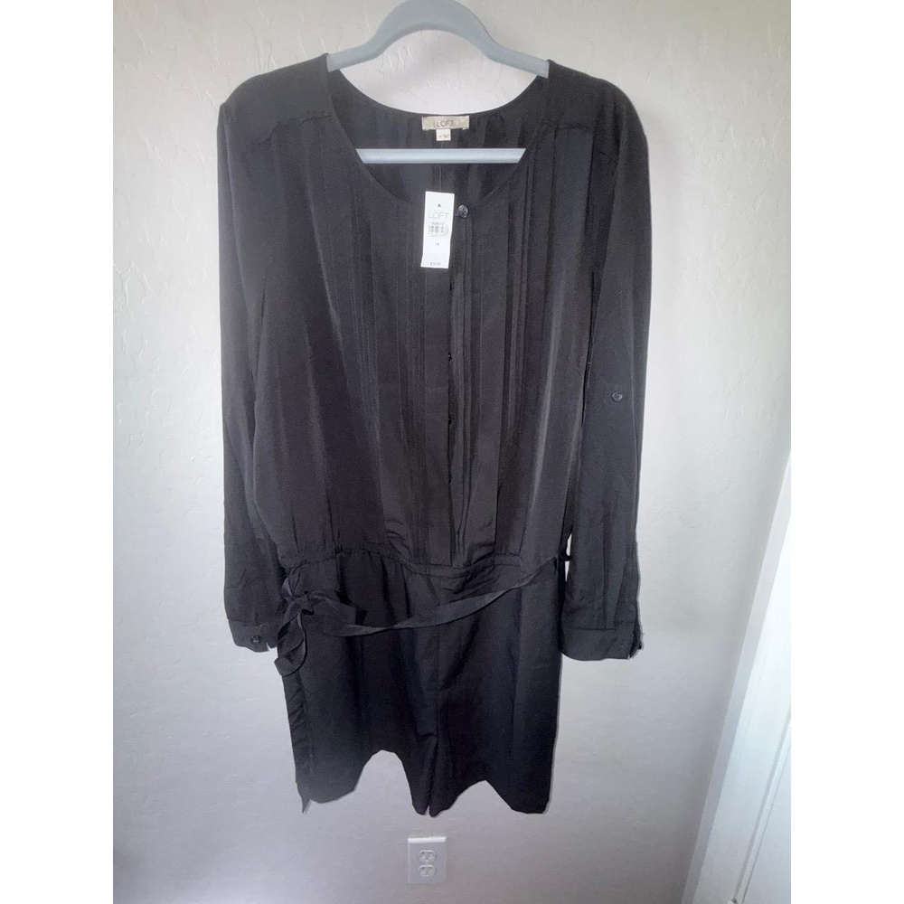 NWT LOFT Romper Womens 14 Black Long Sleeve Tie Waist Pleated Classic